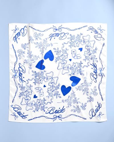xo, Fetti Bride Head Scarf, 27x27 in | Bachelorette Bandana, Bridal Headwear, Bach Party Accessory, Bridesmaid Gift, White Wedding Handkerchief, Something Blue Silk Hat4