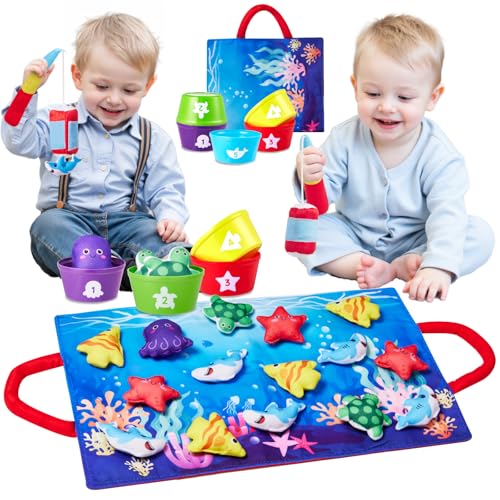 Montessori Toys for 1 Year Old: 10 In 1 Cloth Fishing Game Set with 5 Diverse Fish, 23pcs Stacking Toy Educational Learning Toy for 1 2 3 Years Old Toddler Toys Baby Boys Girls Birthday Gifts