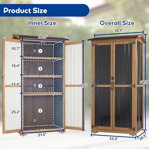 Image of Outdoor Storage Cabinet Weather-Resistant, Wood & Metal Storage Shed with 3 Removable Shelves, Waterproof Roof, Adjustable Feet, Patio Storage Cabinet Outside for Garden Garage Backyard Pool