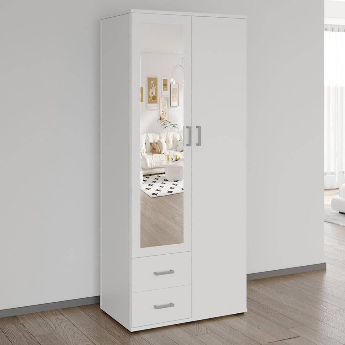 Armadio a 2 ante con specchio TOM - Dimensioni H185 x L80 x P52 cm - Colore Bianco - Stile Design
