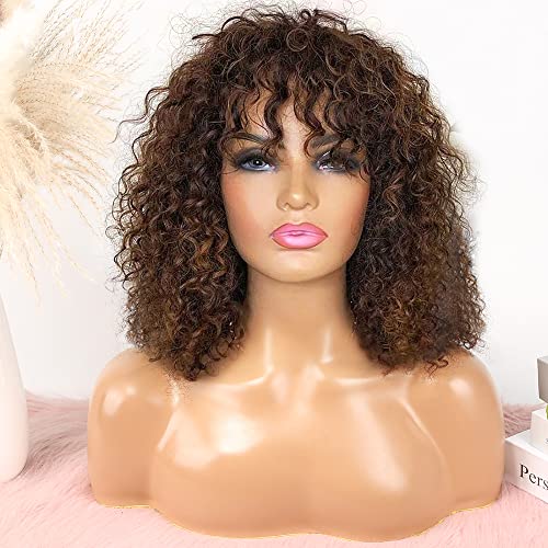 HJ WEAVE BEAUTY Short Curly Bob Human Hair Wigs Deep Wave Wigs with Bangs Ombre Brown Human Hair Glueless Full Machine Short Pixie Cut Wigs 150% Density for Black Woman (12 Inch, Ombre Brown)