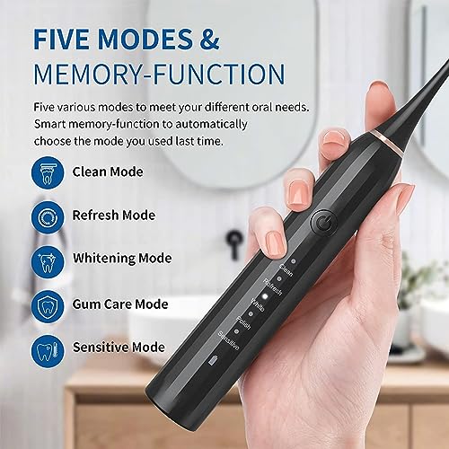 Yeebyars Electric Toothbrush for Adults and Kids Rechargeable Sonic Electric Toothbrush with 5 Brush Heads, Portable Electric Toothbrush with 2.5 Hours Charge for 120 Days Use (Black2, M)