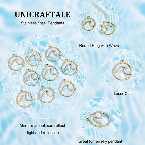UNICRAFTALE Pack of 30 Golden Waves Charms, Flat Round with Wave, Stainless Steel Pendants, Ocean Pendants, Laser Cut - Image 4