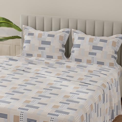 Image of Layers 100% Cotton Bedsheet for King Size Bed | Lumina Floret Collection | 144 TC Soft & Breathable | Printed with 2 Pillow Covers | Wrinkle Free & Colorfast | 3 Piece Bedding Set - Blue & Brown