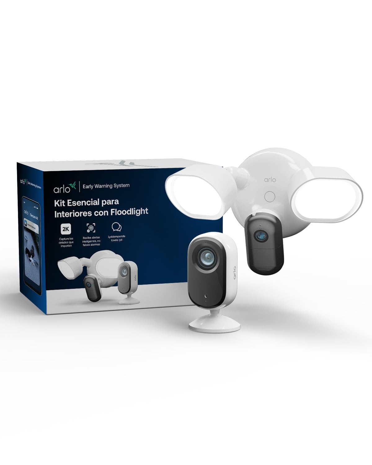 Arlo Floodlight 2K & Essential 3 Indoor 2K, Gran Angular de 160°, Resistente a la Intemperie, visión Nocturna en Color, Sirena de Alarma, hasta 2000 lúmenes, Prueba Gratuita de Arlo Secure