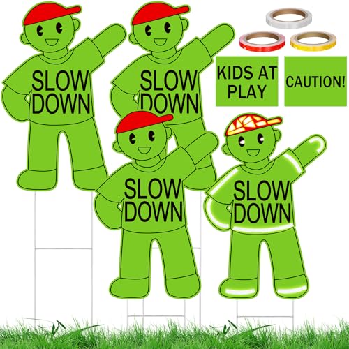 Weysat 4pcs Kids at Play Safety Sign with Metal Stake 15 x 12 in Double Sided Slow Down Caution Warning Sign with DIY Reflective Decor Decal Tape for Street Lawn Neighborhoods Yard (Green)