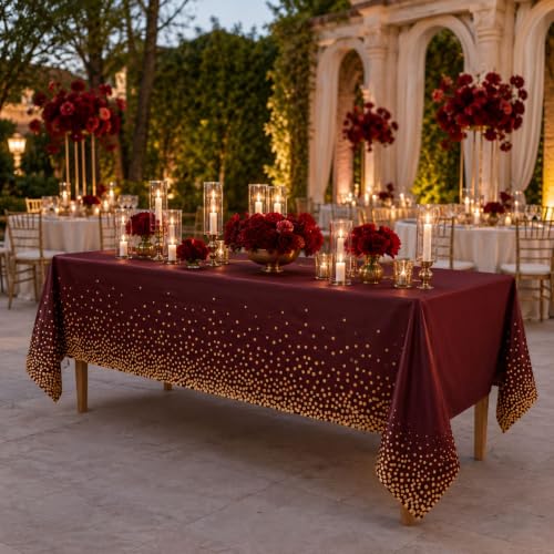 Image of Blue Orchards Burgundy and Gold Dots Table Cover (Pack of 3 with 20 glue dots) - 54 inchx108 inch XL - Red Plastic Tablecloth, Bridal Shower, Wedding, Graduation Decoration, Picnic Red Birthday Party Supplies