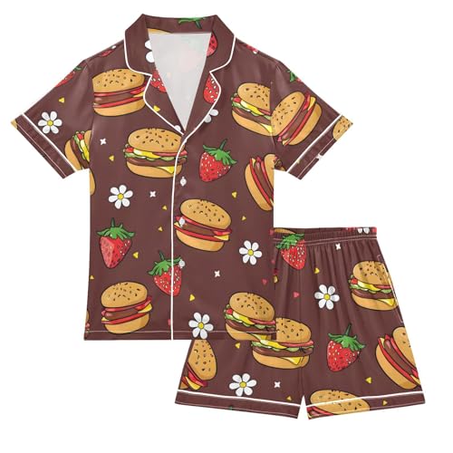 ALAZA Strawberry Hamburger Floral Retro Pajamas Satin Pajama Set Short Sleeve Button Down Sleepwear
