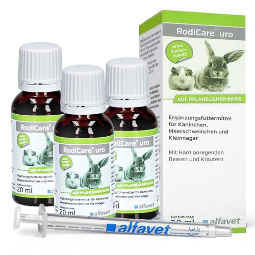 alvafet RodiCare URO, 3er Pack, Ergänzungsfuttermittel zur Verringerung der Harnsteinbildung für Kaninchen, Meerschweinchen und Kleinnager, 3 x 20ml, Dosierspritze