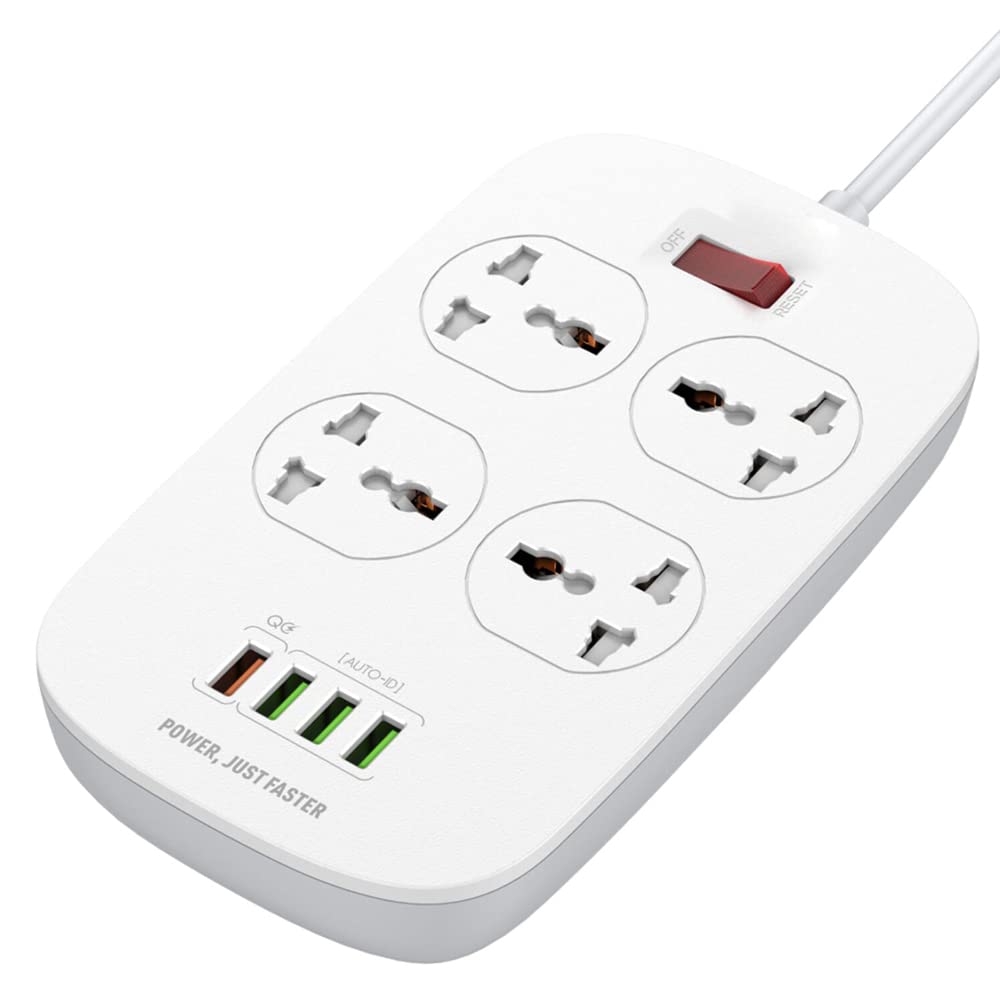 DETRO Smart 2500W 10Amp Extension and 18W USB Ports with 4 Power Sockets | Defender Series Power Strip with 3.0 QC USB Port Fast Charging | 2Mtr Power Cord Cable