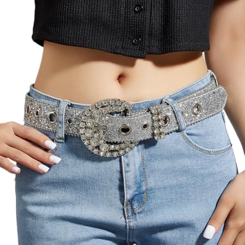 INOGIH Women-Glitter-Rhinestone-Western-Leather-Belt Cowboy-Cowgirl-Belt Silver-Sparkly-Diamond Waist-Belt for Jeans Pants2