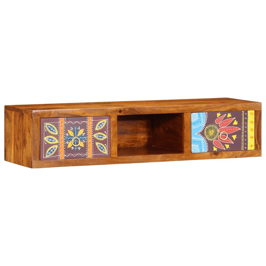 Meuble TV mural en bois d'acacia massif - 100 x 30 x 22 cm - Multicolore - Avec 2 tiroirs - Peu encombrant - Robuste - Idéal comme rangement multimédia, meuble TV, meuble bas et mur de salon