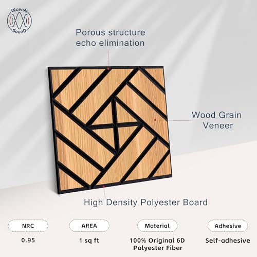 Image of WoveN SounD Acoustic Wall Panels, Natural Oak, 16 Pack, 12x12 in | Self-Adhesive, NRC 0.95, Carved Pattern, Sound Proof, Echo Reduction, Sound Dampening, Home Studio, Office, Gaming Room