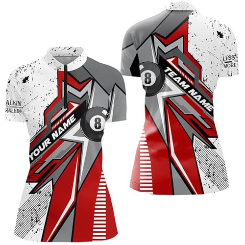 Personalized Red White Grunge 8 Ball Pool Quarter Zip Shirts for Women Custom Billiard Team Shirts V1131