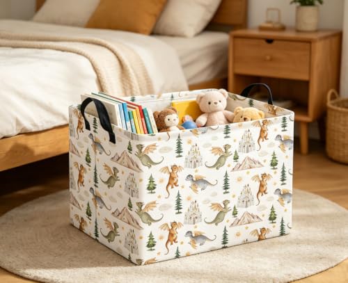 Image of Rectangular Kids Basket Baby Girl Basket Fabric Storage Bin Organizer Box Room Decor(Castle Dinosaur)