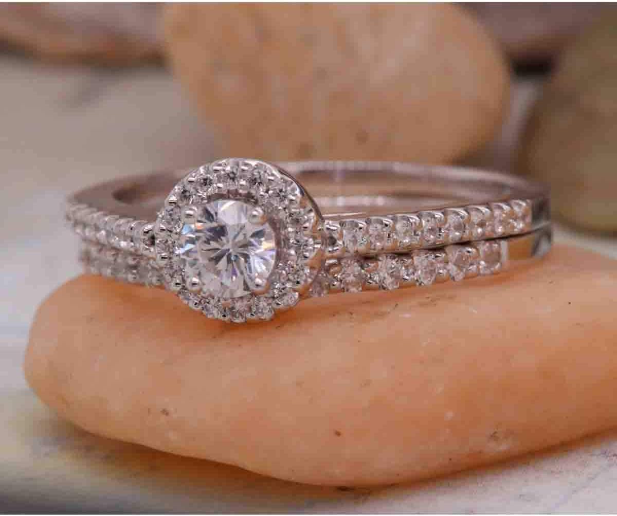 Dazzlingrock Collection 1.15 Ctw Round Cubic Zirconia Ladies Bridal Halo Engagement Ring Set, Sterling Silver