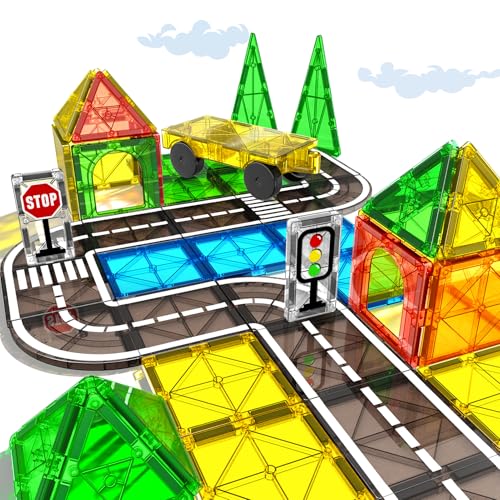 Magnetic Tiles Road Sets with Car, Magnetic Building Blocks Toys for 3+ Year Old Boys Girls, Montessori Magnet Kids Toys, Construction Toys for Ages 3...