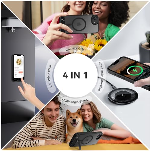 Image of GUAGUA for iPhone 16e Case, Magnetic Case Foldable Invisible Kickstand Translucent Matte Back Drop Protection Slim Shockproof Phone Case for iPhone 16e 6.1''2025, Black