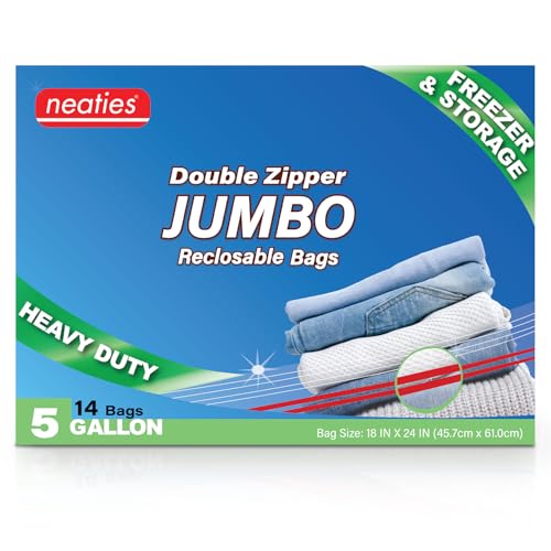 Neaties 5 Gallon Resealable Bags Heavy Duty Jumbo Freezer Bags with Dual Zipper 18x24 Extra Large with Writable Space for Kitchen or Home Storage BPA-Free Food Grade Plastic 14 Pack