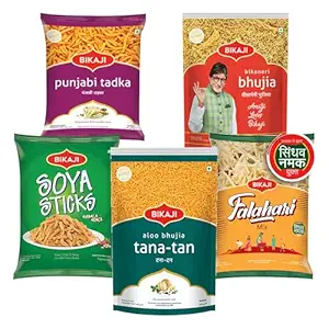 Bikaji Snacks Combo – SOYA STICKS & BHUJIA & TANA-TAN (Aloo Bhujia) & FALHARI MIX & PUNJABI TADKA | 5 Pack Variety | Bar Snacks, Party Mix & Tea-Time Treats – 1 Kg
