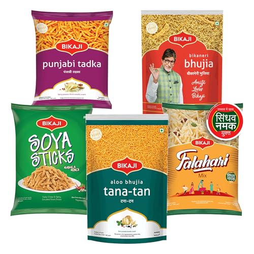 Bikaji Snacks Combo – SOYA STICKS & BHUJIA & TANA-TAN (Aloo Bhujia) & FALHARI MIX & PUNJABI TADKA | 5 Pack Variety | Bar Snacks, Party Mix & Tea-Time Treats – 1 Kg