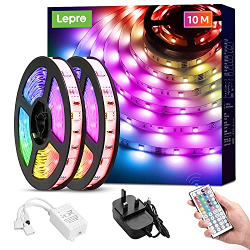 Lepro 10M LED Strip Lights with Remote, Dimmable, RGB Colour Changing, Stick-on LED Lights for Bedroom, Kitchen, Room Decoration (2 x 5M, 300 Bright 5