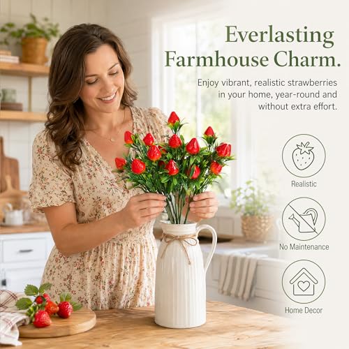 Image of DOITOOL 9 Pcs Artificial Strawberries for Decor, 11.8 inch Fake Strawberry Branches Flowers Bouquet Vivid Faux Strawberry Stems for Home Vase Table Centerpiece Spring Summer Decor