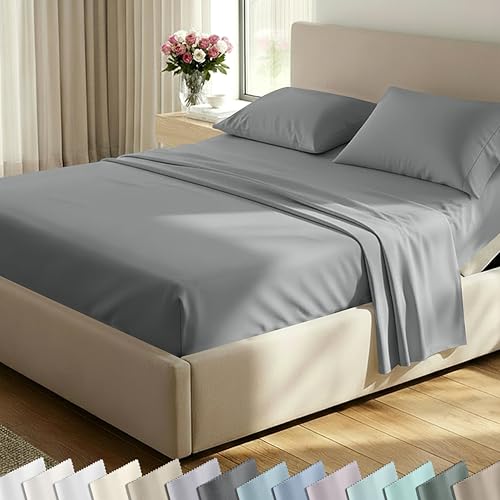 Image of California Design Den Split King Sheet Set - 100% Cotton, Luxury 600 Thread Count, Breathable Split King Size Sheets for Adjustable Bed, Luxury Durable Sheets with Soft Sateen Weave - Mist Grey