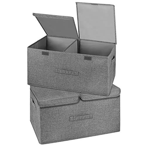 Image of 2 Pack Large Storage Boxes with Lids and Handles, Collapsible Linen Storage Bins Organizer Containers Baskets Cube with Removable Divider for Home Bedroom Closet Office (Grey, Large)