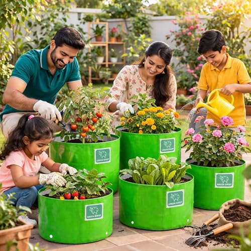 Image of GREENSHEEP HDPE Grow Bag Heavy Duty 260 GSM Round Plants Flower Growing Bags Floor Standing Mount Type for Home Garden Balcony Terrace Kitchen Nursery (Green, 9x6 inch, Pack of 5)