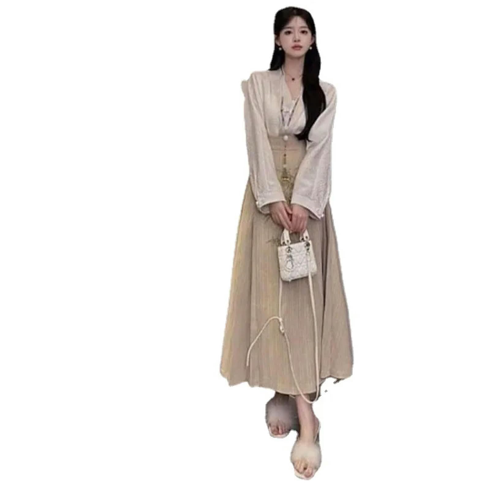 Vestido chino tradicional Hanfu de talla grande, falda corta, falda de cara de caballo, plisada, de alta gama, elegante, trajes para mujer, Conjunto de falda y camisa, S 40kg-45kg