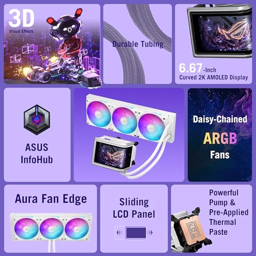 Image of ASUS ROG RYUO IV 360 ARGB White Curved 6.67-inch AMOLED Display, Supports 3D-Effect Video or Customizable System Stats, Asetek Emma Gen8 V2 Pump, pre-Mounted Daisy-Chained ARGB Fans, 6 Year Warranty