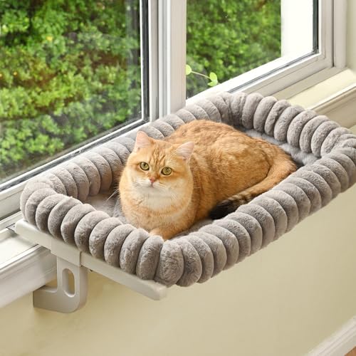 Image of Cloud-Cuddle Cat Window Perch with 4-Sided Bolster, Zipper Design Cushion Window Seat for Window Sill, Sturdy Metal Frame & Easy Assembly Pet Hammock Bed for Indoor Cats (Gray, Large)