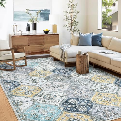 Tapete Oriental Lavable 9x12 Pies Azul y Amarillo miniatura 2