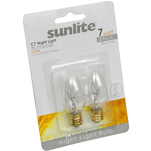 Sunlite 7C7/CL/CD2 Incandescent 7-Watt, Candelabra Based, C7 Night Light Bulb, Clear, 2 Pack