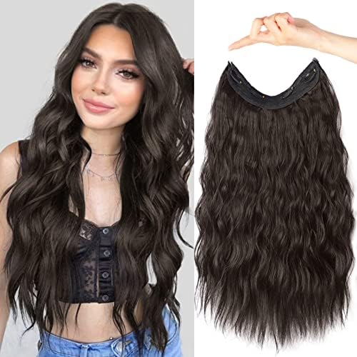 Ieemk Dark Brown Hair Extensions for Women Invisible Wire Wavy Curly Synthetic Hairpiece with Transparent Wire Thick Long Hair Extensions 20 Inch Adjustable Transparent Headband Size 4 Secure Clips