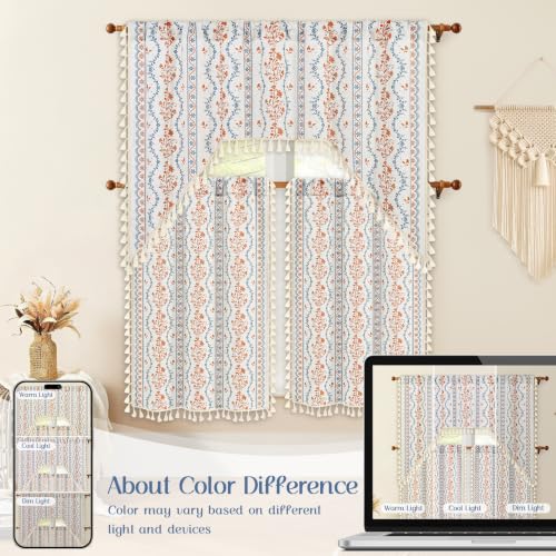 Image of Yinhua Boho Swag Valance Curtains Vintage Linen Valances for Windows Light Filtering Floral Kitchen Valance Rod Pocket Rustic Tassel Window Valances for Bathroom, 60 inch W x 36 inch L, Blue Orange Floral