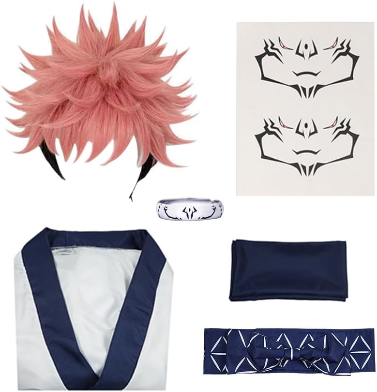 Ryomen Sukuna Cosplay Costume Sukuna Kimono Tattoo Sticker Outfit with Wig