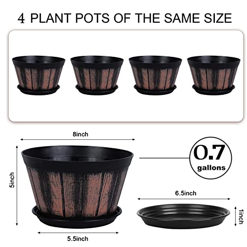image for Quarut 8 inch Brown Plastic Whiskey Barrel Plant Pots Set of 4 with Dr