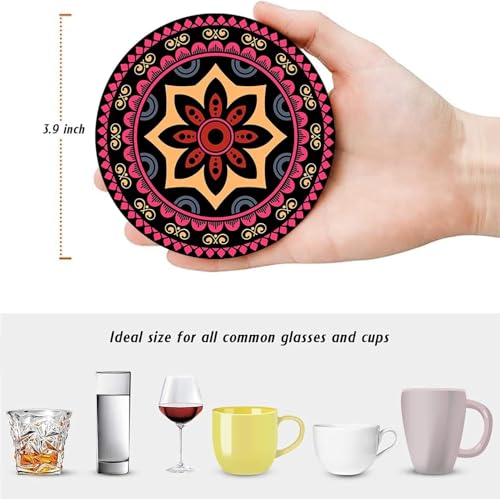 Image of Coaster for Drinks Set of 6, Mandala Flower Floral Retro Absorbent Round Wood Stone Mat, with Cork Base and Metal Holder, Gift for Housewarming Room Bar Decor