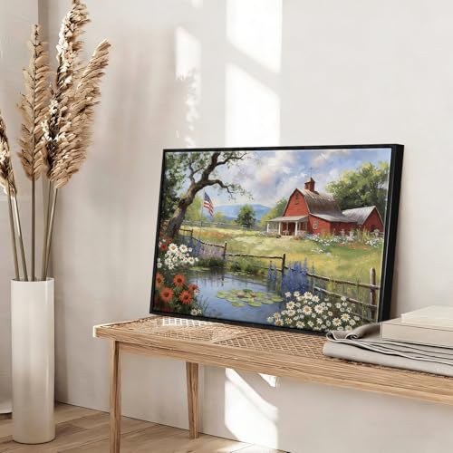 Image of American Flag Framed Canvas Wall Art, 4th of Jul Floral Canvas Prints, Summer Cottage Landscape Patriotic Decorations, Vintage Rustic Independence Day Wall Decor for Bedroom Living Room 16x20