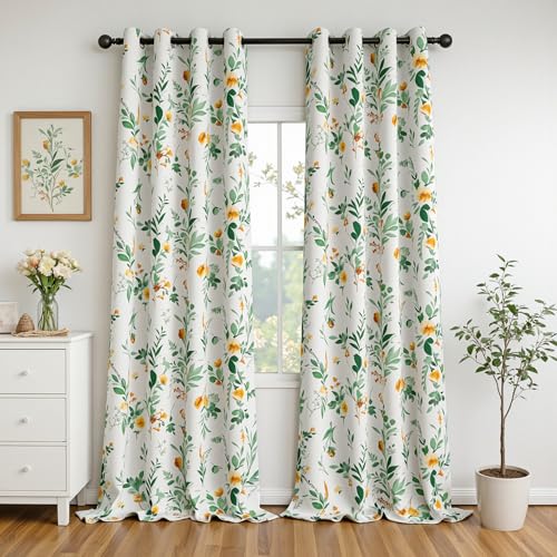 Image of MYSKY HOME Floral Blackout Extra Long Curtains 102 inch Length 2 Panels for Living /Dining Room- Flower Patterned Room Darkening Light Blocking Grommet Window Drapes, 52 inch W Each Panel, Yellow and Green