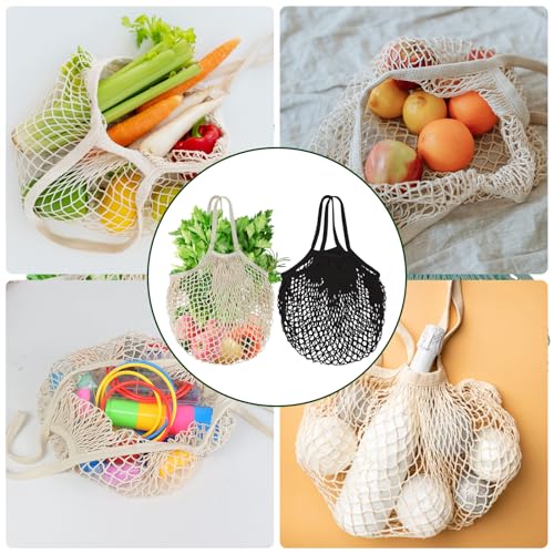 Miniatura 6 de Mordx 2 Bolsas De La Compra De Red Reutilizables, Bolsas De Malla De Algodón Con Asa Larga Para Guardar Frutas Y Verduras, Beige Black, 56 X 36 Cm