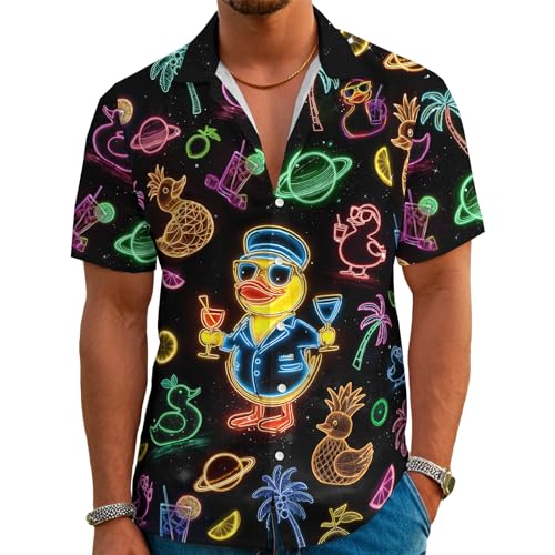 80s Mens Funny Cruise Duck Fruit Hawaiian Shirt Tropical Beach Holiday Aloha Shirt Button Down Neon Party Shirt Tops