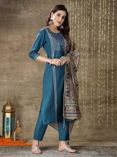 Image of Stylum Women's Embroidered Cotton Blend Straight Kurta Pant with Dupatta