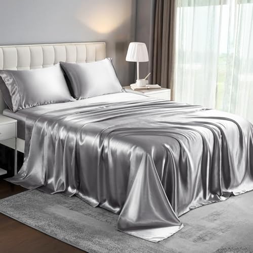 HENGWEI Satin Sheet Set Cal King Size 4 Pieces Silky Bed Sheets with Deep Pocket Luxury Soft Bedding Set Breathable and Cooling for Hair and Skin 1 Flat Sheet 1 Fitted Sheet 2 Pillow Case Gray