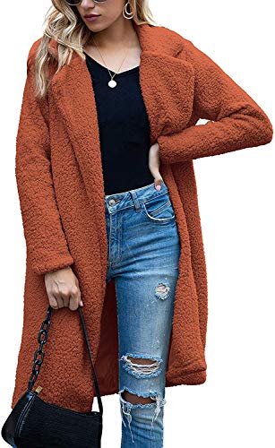 Women's Fuzzy Fleece Lapel Open Front Long Cardigan Coat Faux Fur Warm Winter Outwear Jackets with Pockets (Caramel,Small)
