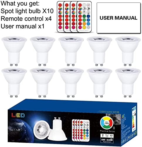 HYDONG Bombilla LED Colores GU10 6W RGB LED Foco Multicolor Bombillas con mando, 12 colores + Calido Blanca, 540lm, AC85-265V, para Aplique, L¨¢mpara de riel, Luz de techo empotrada (Paquete de 10)