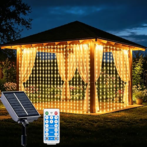 Solar Curtain Lights Outdoor Waterproof 300LED 9.8x9.8FT Fairy String Lights with USB-C & Solar Charging Remote Timer Twinkle Waterfall Lights for Patio Garden Wedding Decor (Warm)
