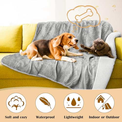 Pawsee Wasserdicht Hundedecke Katzendecke mit Pfotenabdruck, Waschbar Fleece Sherpa Hundehandtuch für Couch Bett Outdoor, wasserdichte Tagesdecke Bettschutz Sofa Überwurf Sofabezug, 75 x 50 cm, Grey